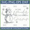 A hand-drawn snowman with hat and scarf next to the quote 'In The Meadow We Can Build A Snowman' with snowflakes, all part of a Winter Meadow Snowman SVG Design.
