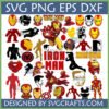 A comprehensive collection of Iron Man SVG designs including helmets, full body poses, silhouettes, chibi Iron Man, and Tony Stark's face, for crafting.