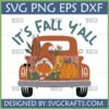 Fall Y'all SVG with whimsical gnome and rustic pumpkin truck, surrounded by pumpkins and fall foliage, in SVG PNG EPS DXF formats for Cricut crafting.