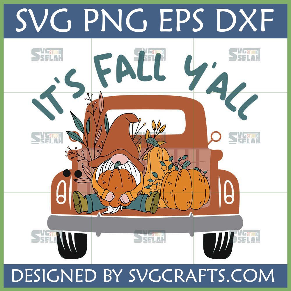 Fall Y'all SVG with whimsical gnome and rustic pumpkin truck, surrounded by pumpkins and fall foliage, in SVG PNG EPS DXF formats for Cricut crafting.