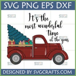 Vintage red pickup truck carrying a Christmas tree and gifts with 'It's the most wonderful time of the year' text, a perfect Vintage Red Truck Christmas SVG.