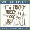 Funny Tricky Ghost Halloween SVG with 'It's Tricky' text and a ghost holding a trick-or-treat bag