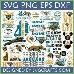 Large collection of Jacksonville Jaguars SVG designs including 'Football Dad', 'Football Mom', team logos, stadium, and fan slogans for Cricut and sublimation.