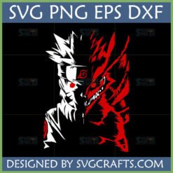 Naruto Kurama Split SVG design showing a white silhouette of Naruto with a red eye and a red silhouette of the Nine-Tails Fox Kurama.