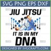 Jiu Jitsu DNA SVG file showing two BJJ practitioners grappling with 'Jiu Jitsu It Is In My DNA' text and abstract DNA graphics, perfect for Cricut and sublimation.