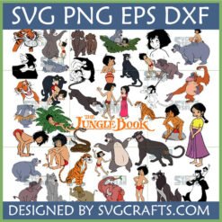 The Jungle Book SVG PNG EPS DXF Bundle featuring Mowgli, Baloo, Bagheera, Shere Khan, King Louie, Kaa, wolves, and elephants in classic Disney style for crafts.