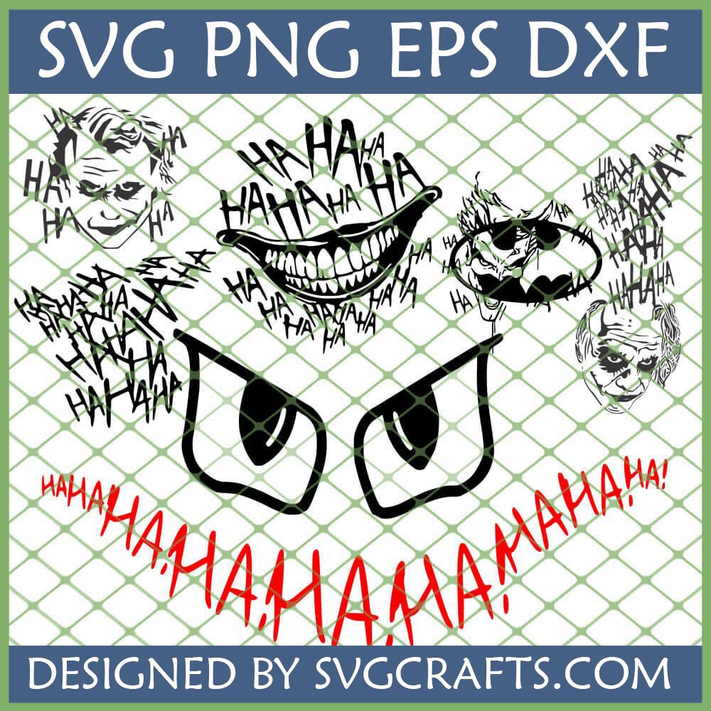 Joker Laugh SVG Bundle with multiple Joker faces, HAHAHA text, and Batman logo integration for Cricut and Sublimation