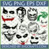 Collection of iconic Joker SVG designs for Cricut and crafting, featuring multiple Joker faces and smiles.