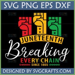Juneteenth Breaking Every Chain SVG design with red, yellow, and green raised fists
