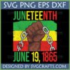 Juneteenth SVG PNG T-Shirt Design with raised fist breaking chains and Pan-African colors