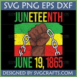 Juneteenth SVG PNG T-Shirt Design with raised fist breaking chains and Pan-African colors