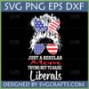 Conservative Mom Messy Bun SVG with American Flag Bandana and Sunglasses and 'Just a Regular Mom Trying Not to Raise Liberals' text