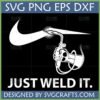 A bold black and white 'Just Weld It' SVG design featuring a hand holding a welding torch, with the welding arc forming a swoosh shape. Perfect for welders.