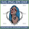 Karol G Inspired SVG design featuring a blue-haired girl with red heart sunglasses and a barbed wire heart frame.
