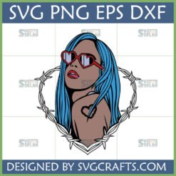 Karol G Inspired SVG design featuring a blue-haired girl with red heart sunglasses and a barbed wire heart frame.