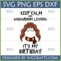 Wingardium Leviosa Birthday SVG design featuring Hermione Granger inspired character with a Gryffindor scarf for Cricut projects.