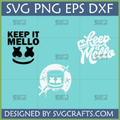 Marshmello Keep It Mello SVG PNG EPS DXF Bundle for Cricut and Silhouette projects, featuring DJ Marshmello helmet and text designs.