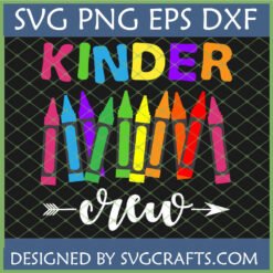 Kinder Crew SVG design with colorful crayons and 'SVG PNG EPS DXF' banner