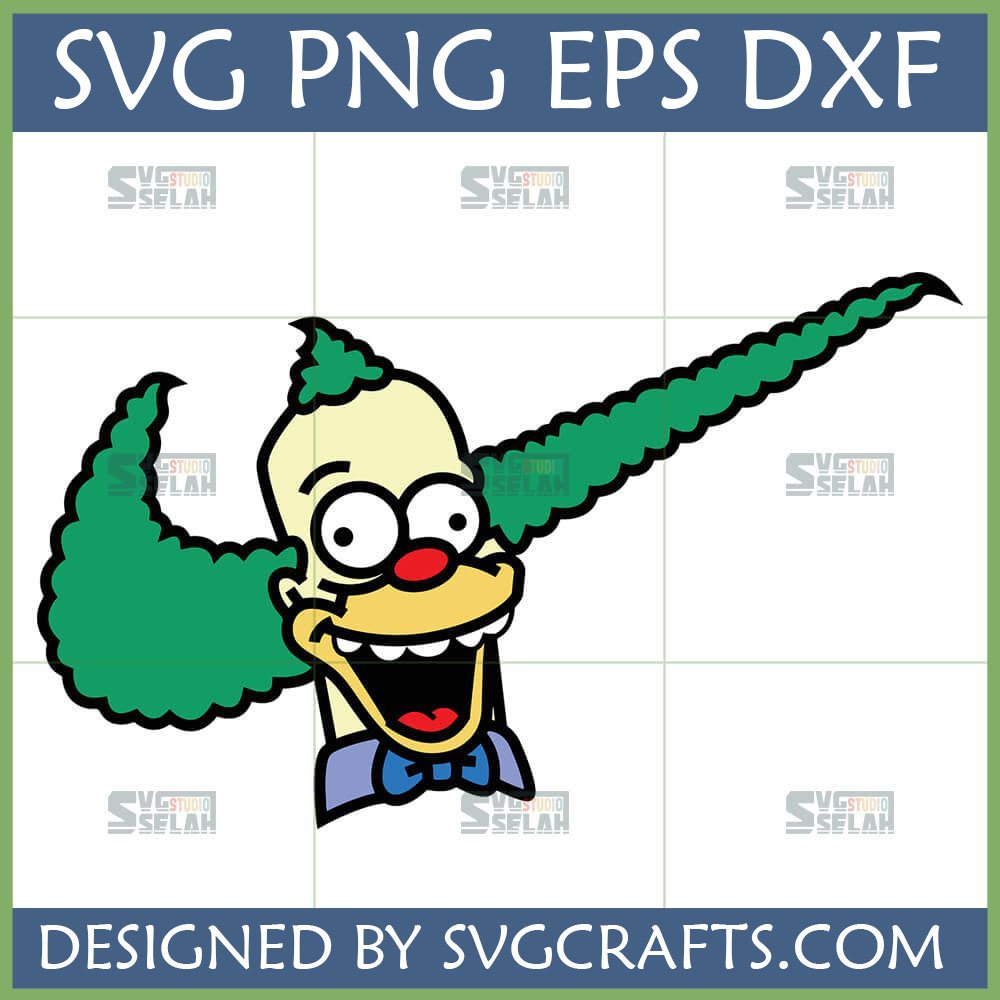 Krusty the Clown from The Simpsons with green hair shaped into a Nike swoosh logo, a funny parody design available as SVG, PNG, DXF, EPS digital files by SVGCrafts.