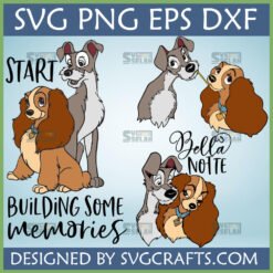 Lady and the Tramp SVG Bundle featuring Bella Notte spaghetti scene and cuddling dogs for Cricut projects