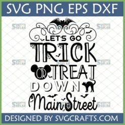 Main Street Halloween Trick or Treat SVG design with Mickey head, bats, spiderwebs, and a black cat by SVGcrafts