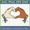 Two diverse hands, one light-skinned and one dark-skinned, forming a heart shape with rainbow pride bracelets on their wrists. The image promotes love, equality, and diversity, available as SVG, PNG, EPS, DXF files.