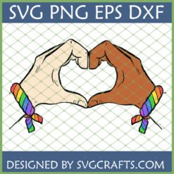 Two diverse hands, one light-skinned and one dark-skinned, forming a heart shape with rainbow pride bracelets on their wrists. The image promotes love, equality, and diversity, available as SVG, PNG, EPS, DXF files.