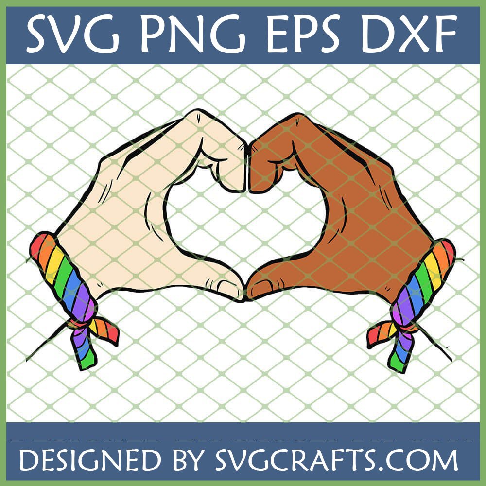 Two diverse hands, one light-skinned and one dark-skinned, forming a heart shape with rainbow pride bracelets on their wrists. The image promotes love, equality, and diversity, available as SVG, PNG, EPS, DXF files.