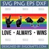 Love Always Wins SVG design with LGBTQ rainbow flag and ASL hand gestures for love, always, and wins, perfect for Cricut and sublimation.
