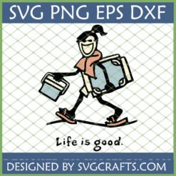 Whimsical 'Life is Good Skiing SVG' featuring a happy skier with travel luggage, perfect for Cricut and sublimation crafts.