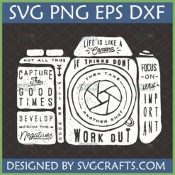 Life is Like a Camera SVG PNG DXF EPS distressed vintage camera with inspirational quote.