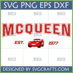 Lightning McQueen 1977 SVG design for Cricut and Silhouette, featuring the red race car and 'MCQUEEN EST. 1977' in a varsity font.