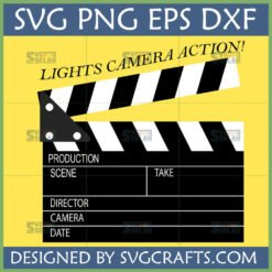 Lights Camera Action SVG digital file featuring a black and white movie clapperboard on a yellow background, designed for Cricut and Silhouette.