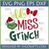 Lil Miss Grinch SVG design with Grinch face, Santa hat, red bow, and text for Christmas crafts