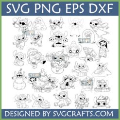 A collection of black and white line art designs featuring Stitch from Lilo & Stitch in various Christmas and winter-themed poses, including Santa hats, holding presents, decorating a tree, and as a snowman, part of a Stitch Christmas SVG Bundle.
