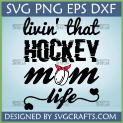 Livin' That Hockey Mom Life SVG with a hockey puck wearing a red bandana, perfect for Cricut and sublimation projects.