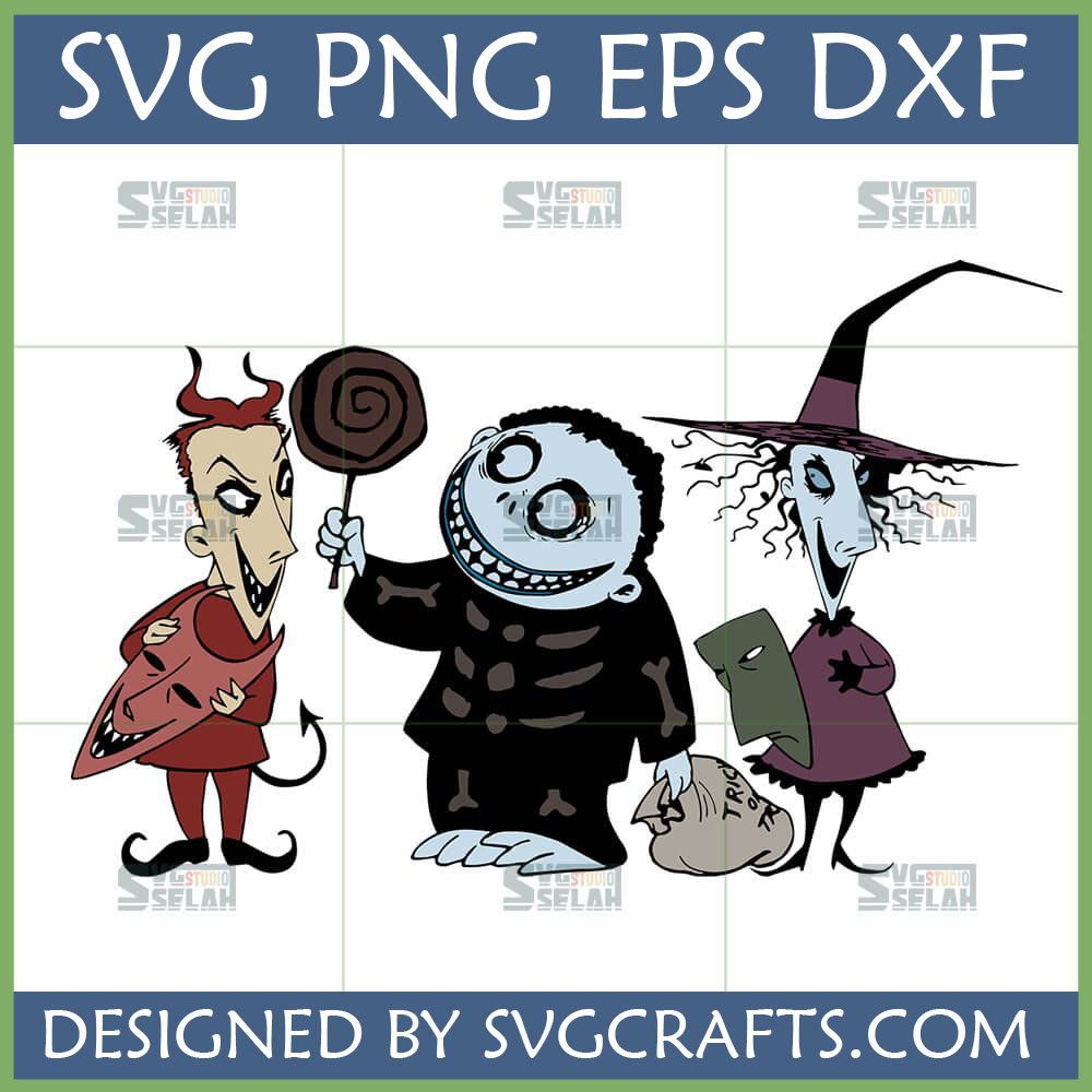 Lock Shock Barrel SVG design from Nightmare Before Christmas with lollipop, mask, and trick-or-treat bag, perfect for Cricut crafting and sublimation.