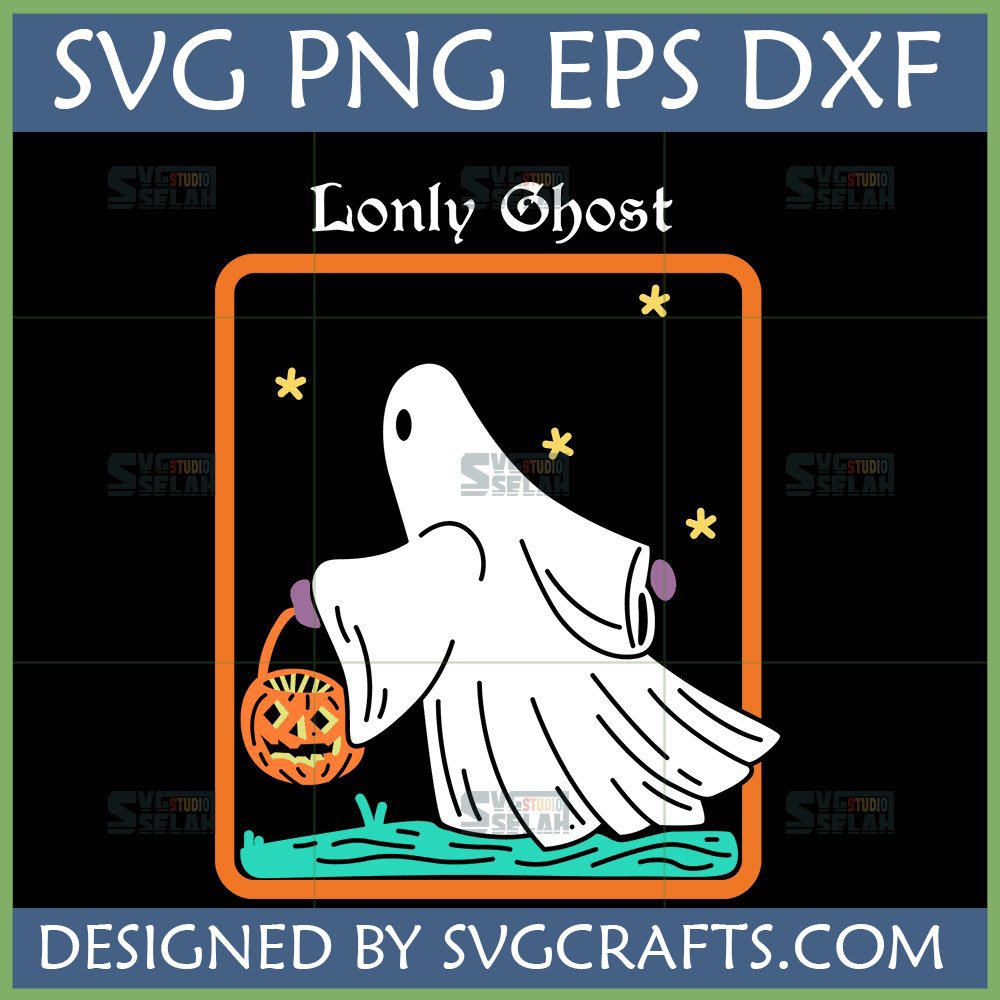 Cute Lonely Ghost Halloween SVG design holding a jack-o'-lantern trick-or-treat basket.