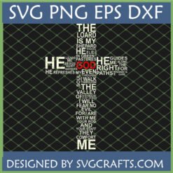 Psalm 23 Cross SVG digital design with 'The Lord is My Shepherd' scripture forming a cross shape, highlighted 'GOD' in red, suitable for Cricut and sublimation.