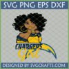 Black Woman Chargers Girl SVG for Cricut and Sublimation, featuring an African American woman with afro hair winking, wearing LA Chargers fan gear.