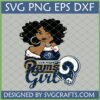 Los Angeles Rams Girl SVG featuring a stylish African American woman with curly hair, winking, wearing a Rams top, alongside the Rams logo and 'Rams Girl' text.