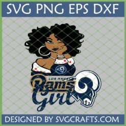 Los Angeles Rams Girl SVG featuring a stylish African American woman with curly hair, winking, wearing a Rams top, alongside the Rams logo and 'Rams Girl' text.