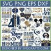 Large Los Angeles Rams SVG Bundle for Cricut and Sublimation, featuring diverse fan designs including distressed logos, football mom, funny quotes, and helmet graphics.