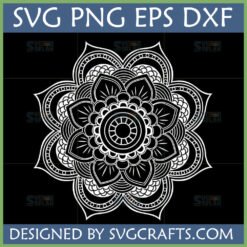 Intricate white spiritual mandala SVG design on black background for Cricut and crafting projects.