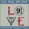 Harry Potter Love SVG design with Deathly Hallows, Platform 9 3/4, Golden Snitch, and Harry's glasses, perfect for Cricut crafting.