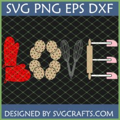Baking Love SVG Design featuring oven mitt, cookies, whisks, rolling pin, and spatulas spelling 'LOVE' on a dark green grid background.