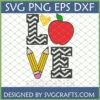 Teacher Love SVG design with red apple, yellow pencils, and zigzag letters L and E on a grid background. Perfect for Cricut and sublimation crafts.