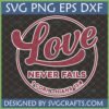 Elegant 'Love Never Fails' SVG design with 1 Corinthians 13:8 in a circular frame, perfect for Christian crafts and apparel.