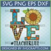Love Teacher Life Fall SVG with sunflower, buffalo plaid, fall leaves, and pumpkin for teacher appreciation crafts