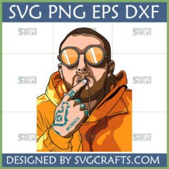 Stylized vector illustration of Mac Miller wearing orange sunglasses and hoodie, finger to lips, with 'MCMXCII' tattoo, in SVG PNG DXF EPS formats by SVGCrafts.